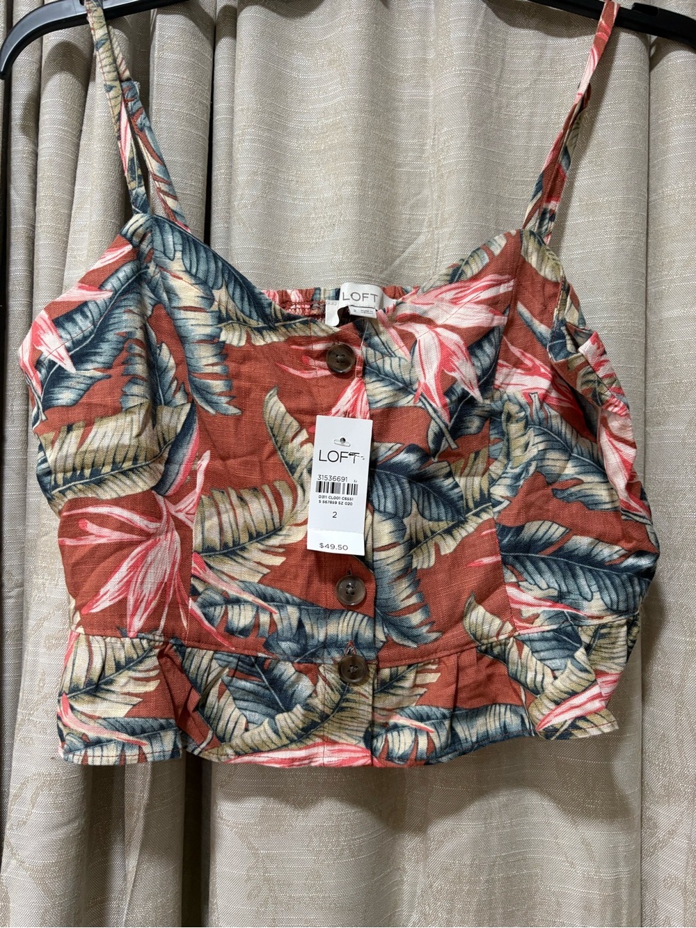 LOFT Rust Floral Tropical Button-Front Crop Cami